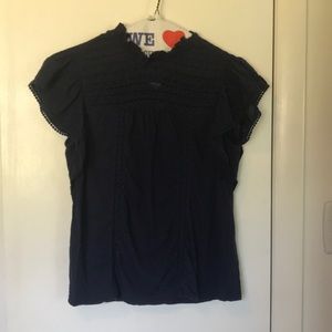 Navy embroidered flutter sleeve top, xs